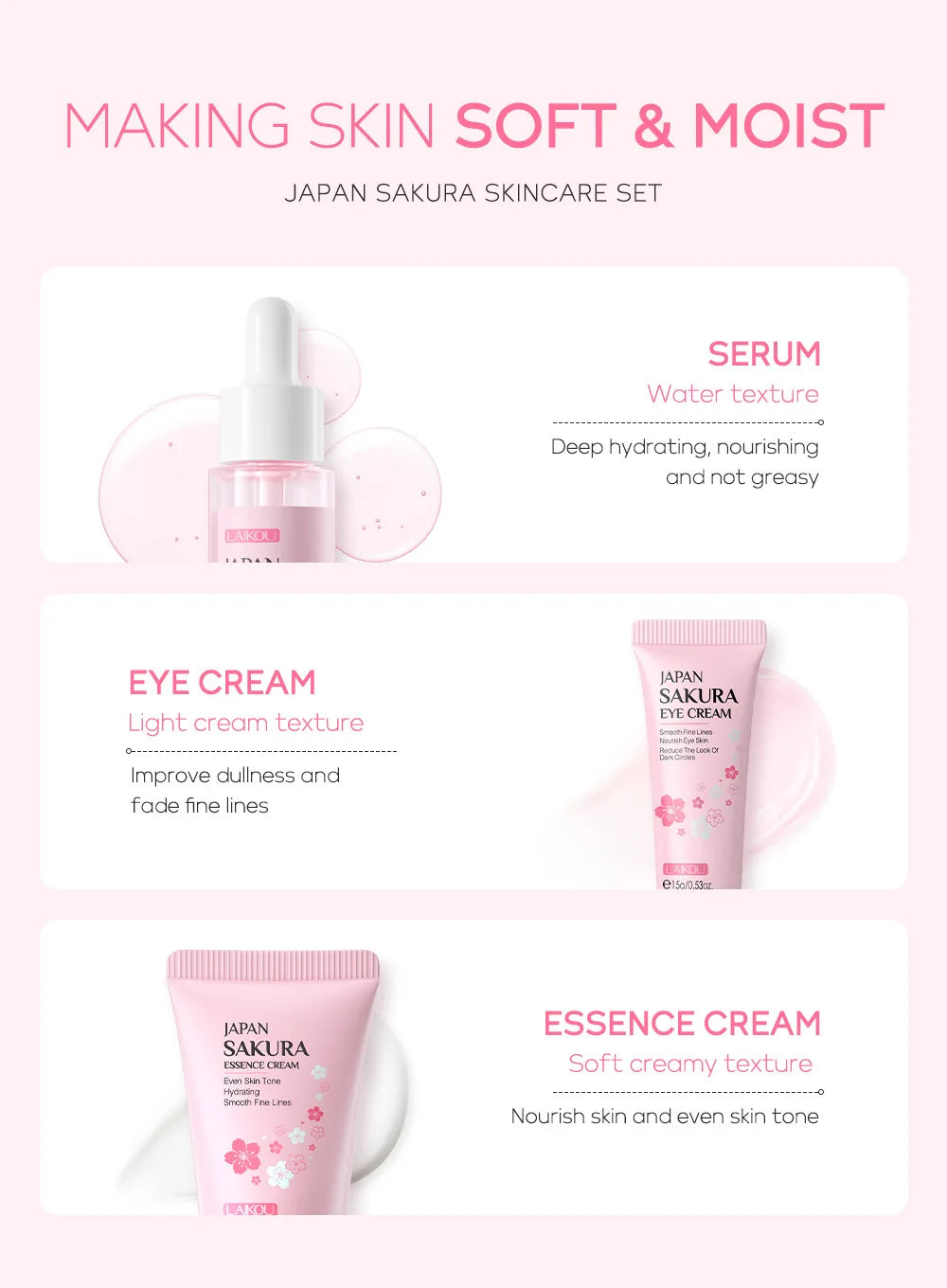 Kit Facial LAIKOU 3 Piezas (Sérum + Crema Facial + Ojos) con Vitamina C, Oro 24K y Sakura - Tratamiento Completo Antiarrugas e Hidratante.