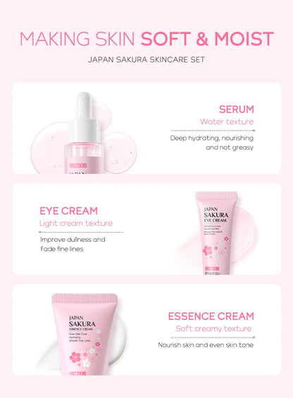 Kit Facial LAIKOU 3 Piezas (Sérum + Crema Facial + Ojos) con Vitamina C, Oro 24K y Sakura - Tratamiento Completo Antiarrugas e Hidratante.
