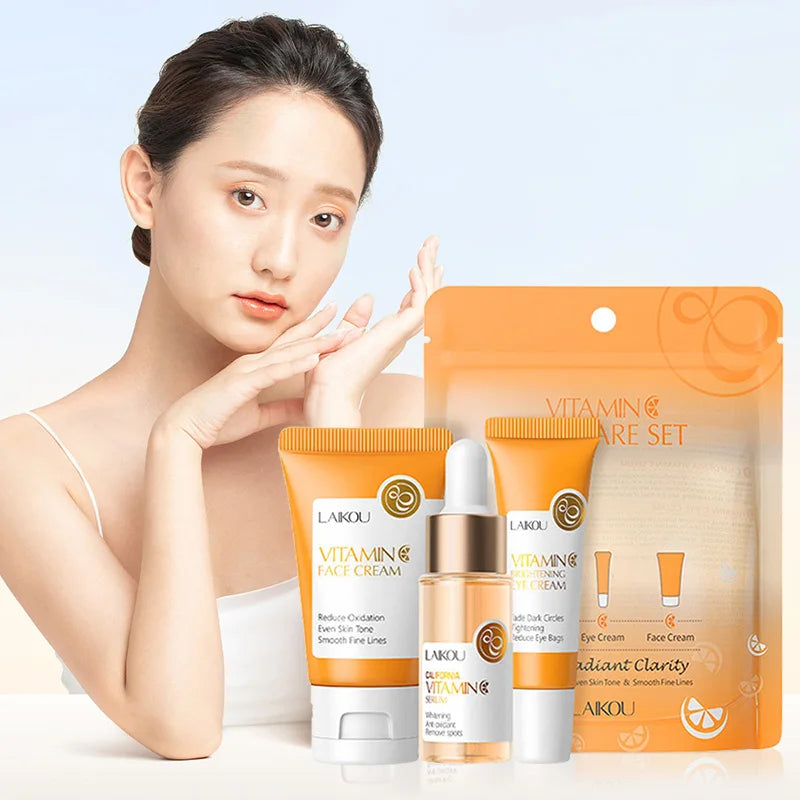 Kit Facial LAIKOU 3 Piezas (Sérum + Crema Facial + Ojos) con Vitamina C, Oro 24K y Sakura - Tratamiento Completo Antiarrugas e Hidratante.