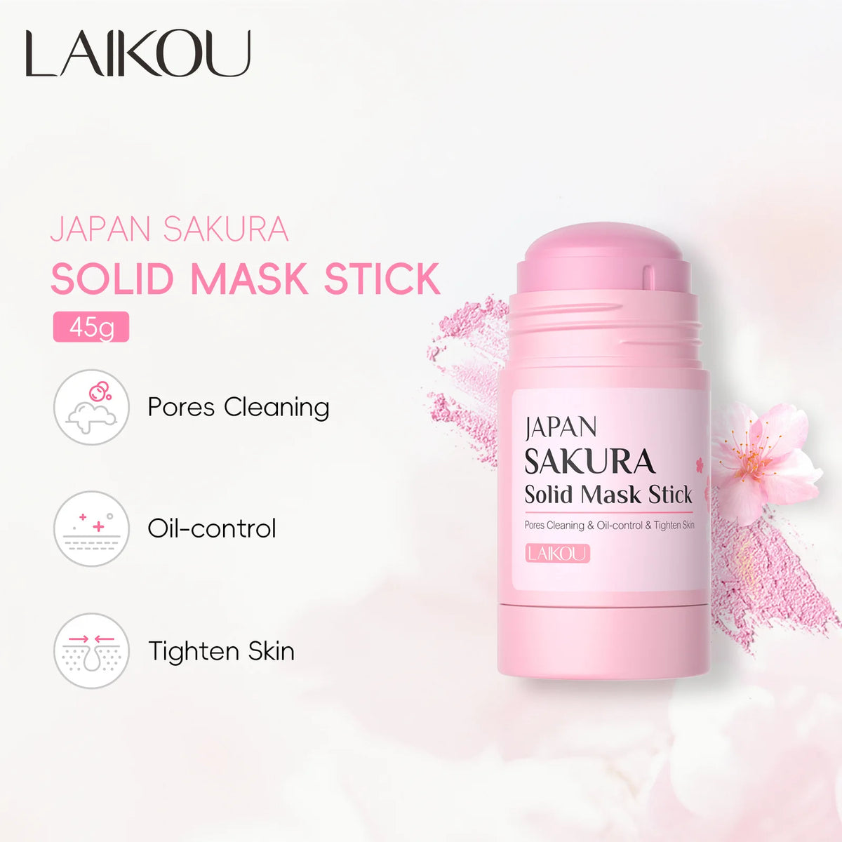 Stick Mascarilla de Arcilla LAIKOU Sakura - Limpieza Profunda, Control Grasa y Puntos Negros. Reduce Poros e Hidrata. (45g)