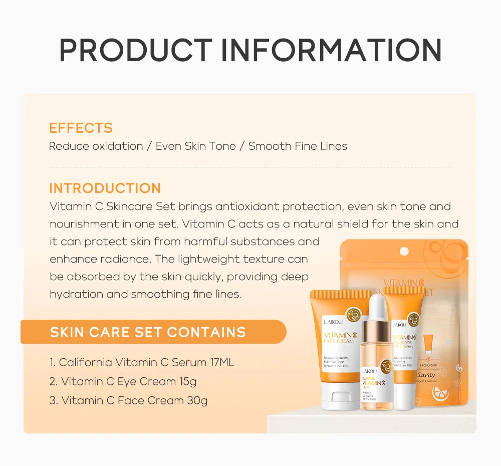 Kit Facial LAIKOU 3 Piezas (Sérum + Crema Facial + Ojos) con Vitamina C, Oro 24K y Sakura - Tratamiento Completo Antiarrugas e Hidratante.