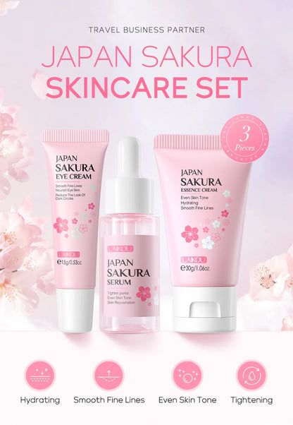Kit Facial LAIKOU 3 Piezas (Sérum + Crema Facial + Ojos) con Vitamina C, Oro 24K y Sakura - Tratamiento Completo Antiarrugas e Hidratante.