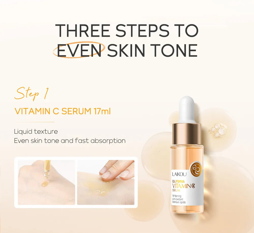 Kit Facial LAIKOU 3 Piezas (Sérum + Crema Facial + Ojos) con Vitamina C, Oro 24K y Sakura - Tratamiento Completo Antiarrugas e Hidratante.