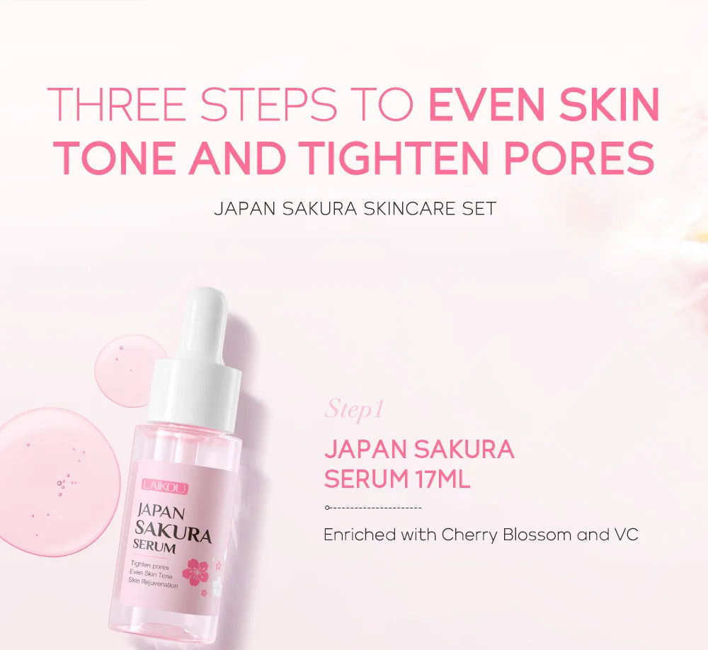 Kit Facial LAIKOU 3 Piezas (Sérum + Crema Facial + Ojos) con Vitamina C, Oro 24K y Sakura - Tratamiento Completo Antiarrugas e Hidratante.