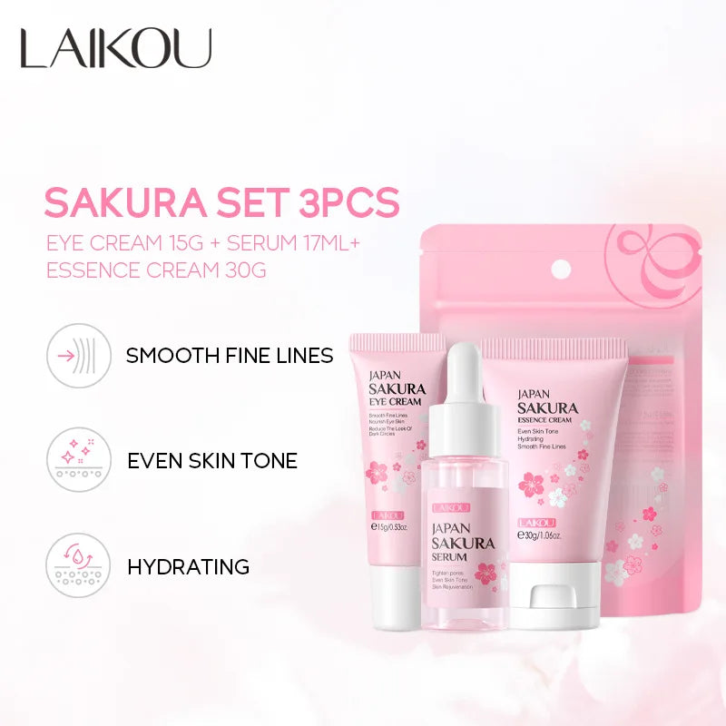 Kit Facial LAIKOU 3 Piezas (Sérum + Crema Facial + Ojos) con Vitamina C, Oro 24K y Sakura - Tratamiento Completo Antiarrugas e Hidratante.