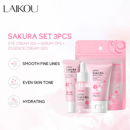 Kit Facial LAIKOU 3 Piezas (Sérum + Crema Facial + Ojos) con Vitamina C, Oro 24K y Sakura - Tratamiento Completo Antiarrugas e Hidratante.