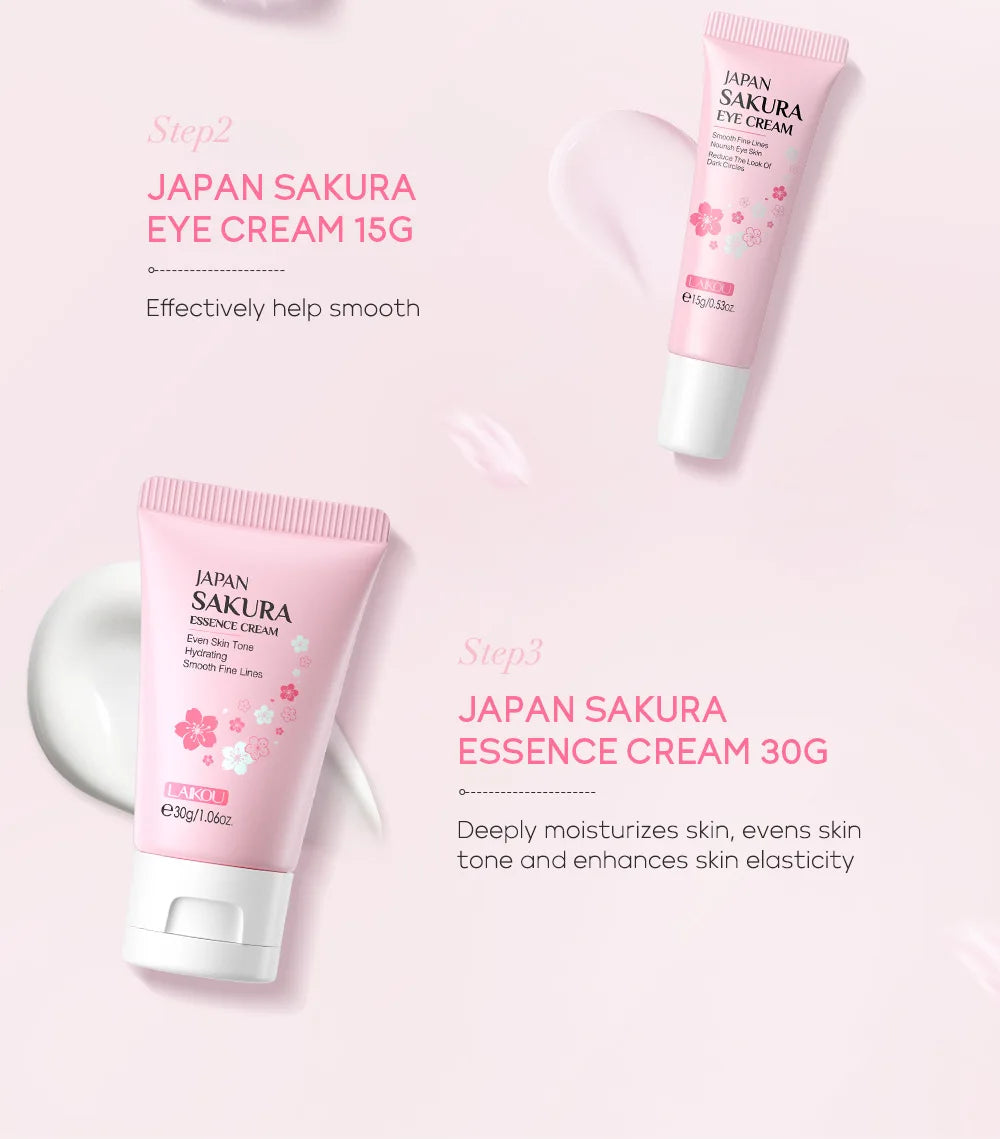 Kit Facial LAIKOU 3 Piezas (Sérum + Crema Facial + Ojos) con Vitamina C, Oro 24K y Sakura - Tratamiento Completo Antiarrugas e Hidratante.
