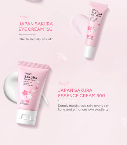 Kit Facial LAIKOU 3 Piezas (Sérum + Crema Facial + Ojos) con Vitamina C, Oro 24K y Sakura - Tratamiento Completo Antiarrugas e Hidratante.