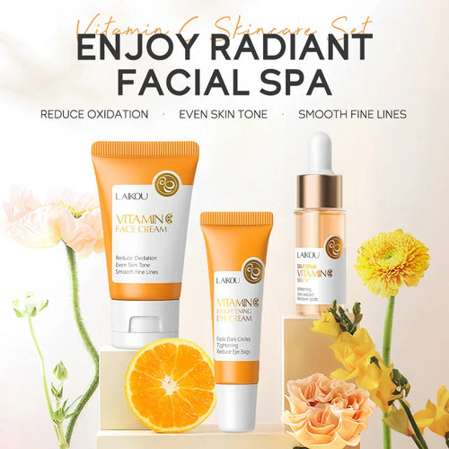 Kit Facial LAIKOU 3 Piezas (Sérum + Crema Facial + Ojos) con Vitamina C, Oro 24K y Sakura - Tratamiento Completo Antiarrugas e Hidratante.