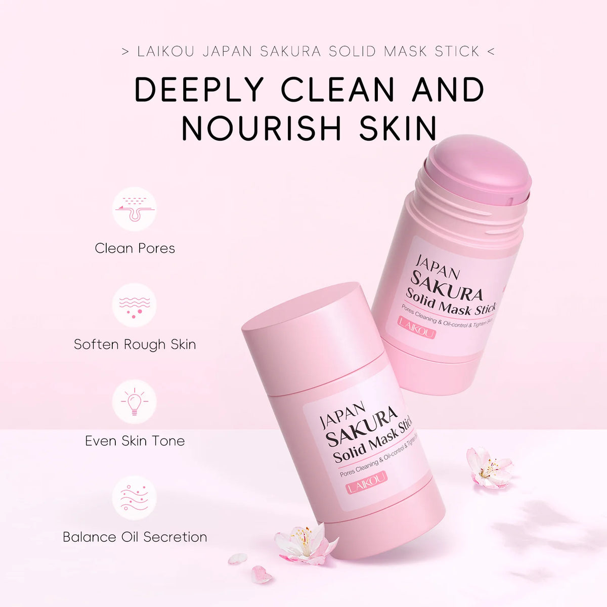Stick Mascarilla de Arcilla LAIKOU Sakura - Limpieza Profunda, Control Grasa y Puntos Negros. Reduce Poros e Hidrata. (45g)