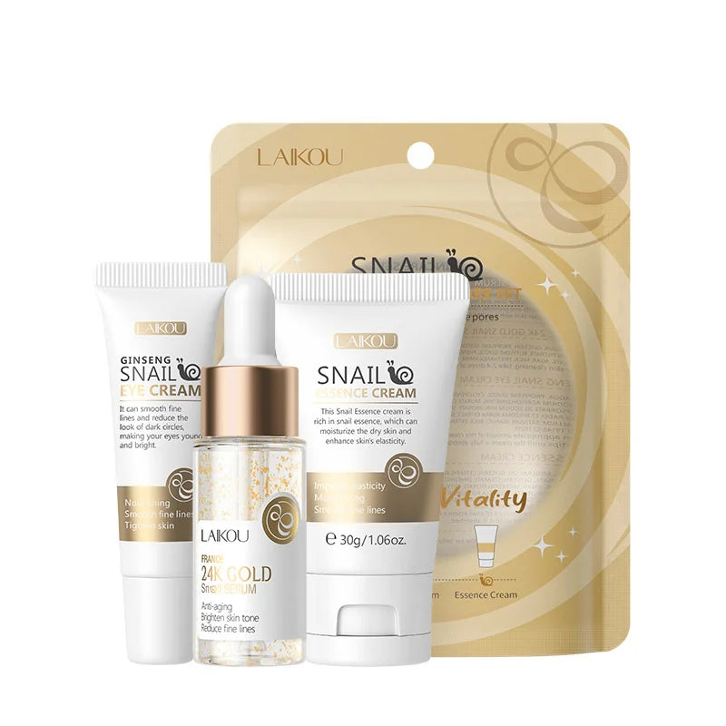 Kit Facial LAIKOU 3 Piezas (Sérum + Crema Facial + Ojos) con Vitamina C, Oro 24K y Sakura - Tratamiento Completo Antiarrugas e Hidratante.