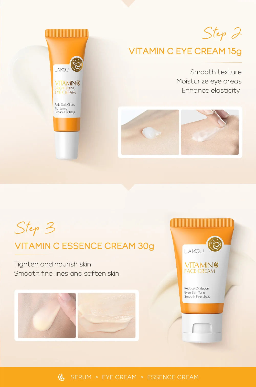 Kit Facial LAIKOU 3 Piezas (Sérum + Crema Facial + Ojos) con Vitamina C, Oro 24K y Sakura - Tratamiento Completo Antiarrugas e Hidratante.