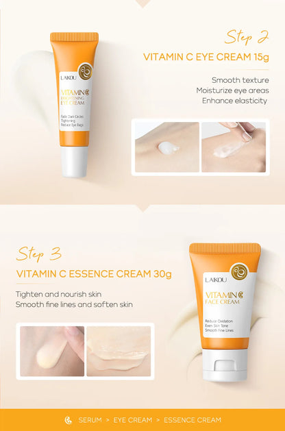 Kit Facial LAIKOU 3 Piezas (Sérum + Crema Facial + Ojos) con Vitamina C, Oro 24K y Sakura - Tratamiento Completo Antiarrugas e Hidratante.