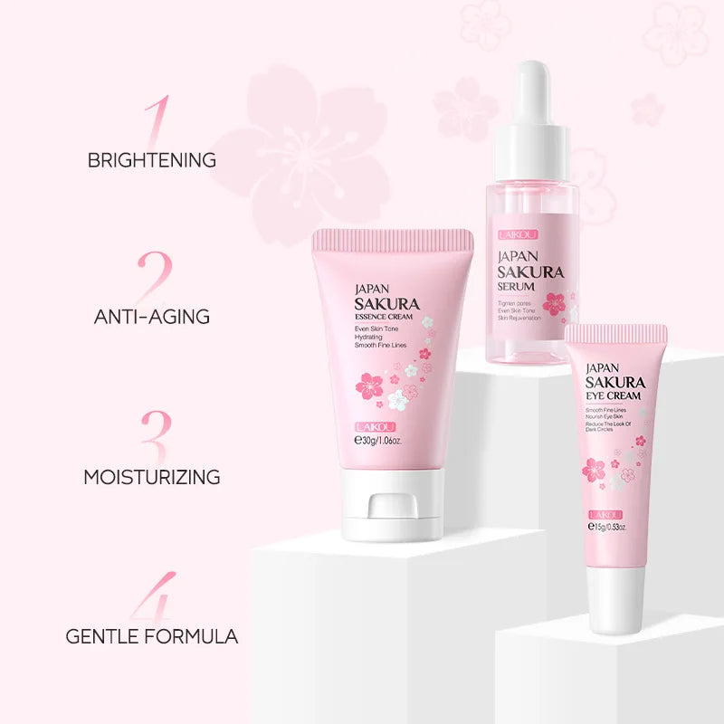 Kit Facial LAIKOU 3 Piezas (Sérum + Crema Facial + Ojos) con Vitamina C, Oro 24K y Sakura - Tratamiento Completo Antiarrugas e Hidratante.