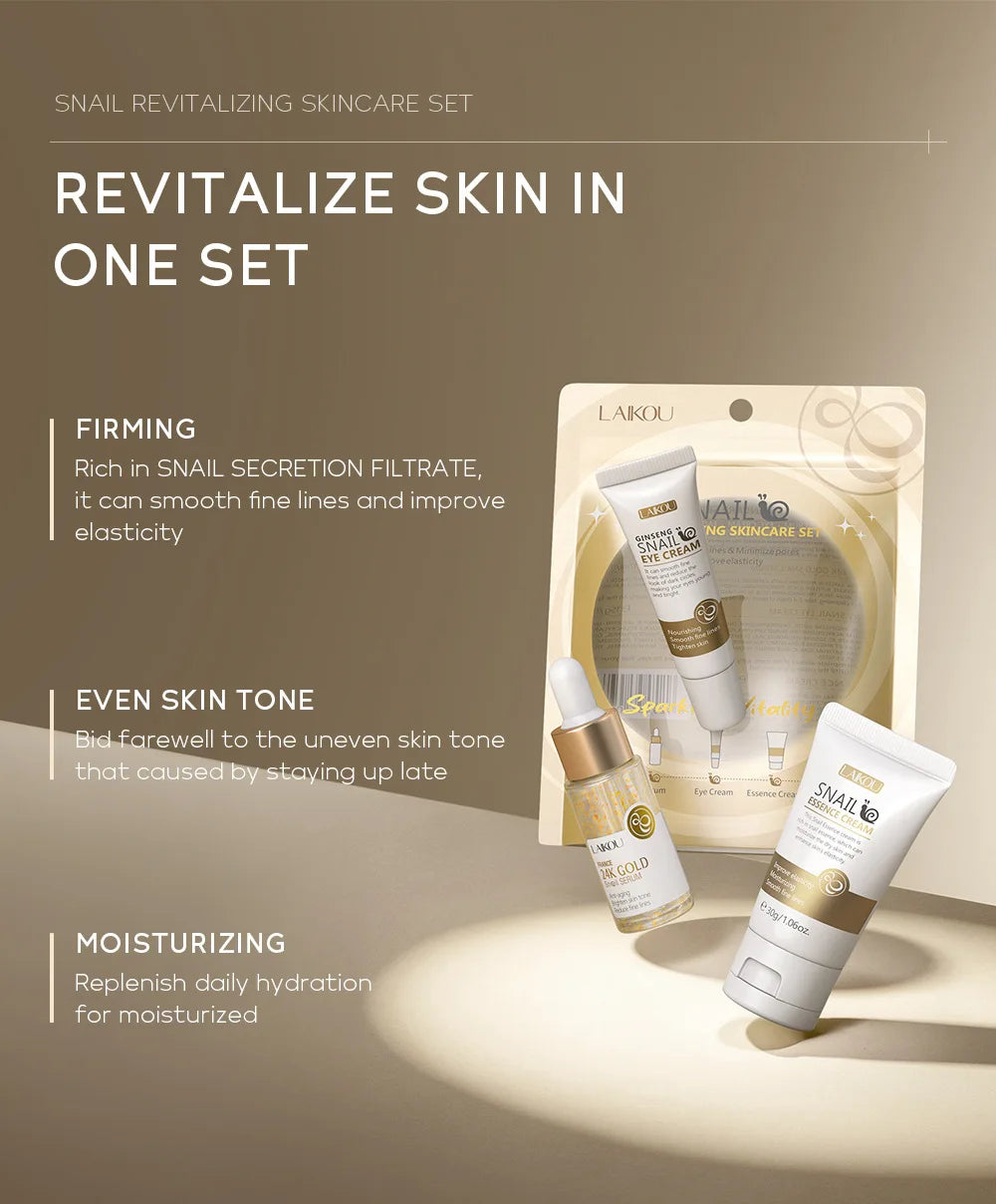 Kit Facial LAIKOU 3 Piezas (Sérum + Crema Facial + Ojos) con Vitamina C, Oro 24K y Sakura - Tratamiento Completo Antiarrugas e Hidratante.