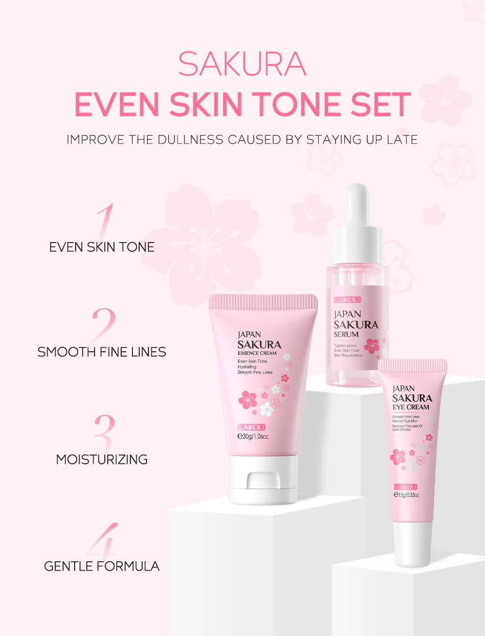 Kit Facial LAIKOU 3 Piezas (Sérum + Crema Facial + Ojos) con Vitamina C, Oro 24K y Sakura - Tratamiento Completo Antiarrugas e Hidratante.