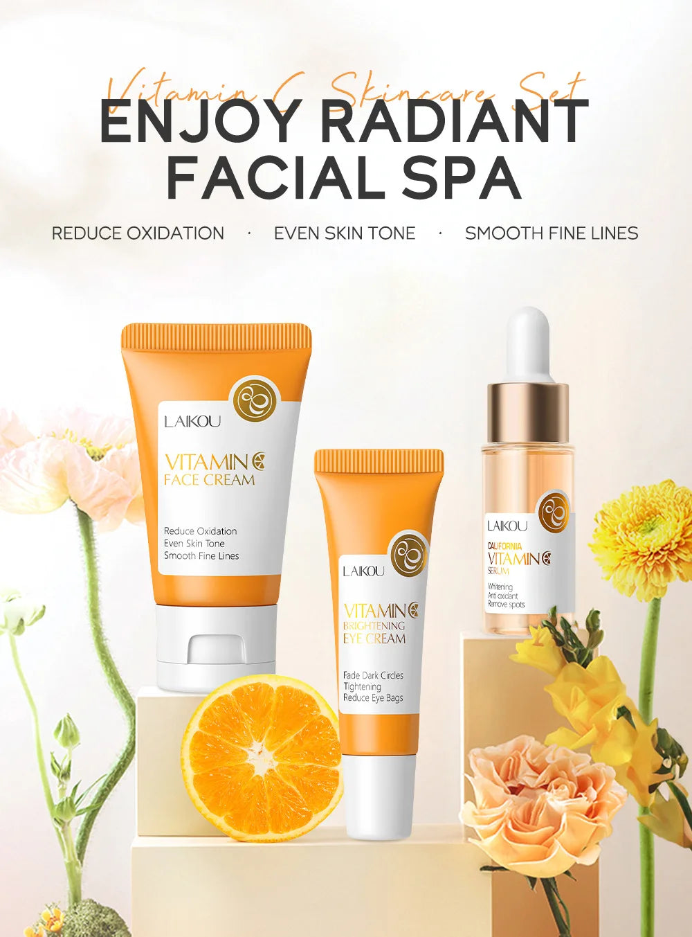 Kit Facial LAIKOU 3 Piezas (Sérum + Crema Facial + Ojos) con Vitamina C, Oro 24K y Sakura - Tratamiento Completo Antiarrugas e Hidratante.